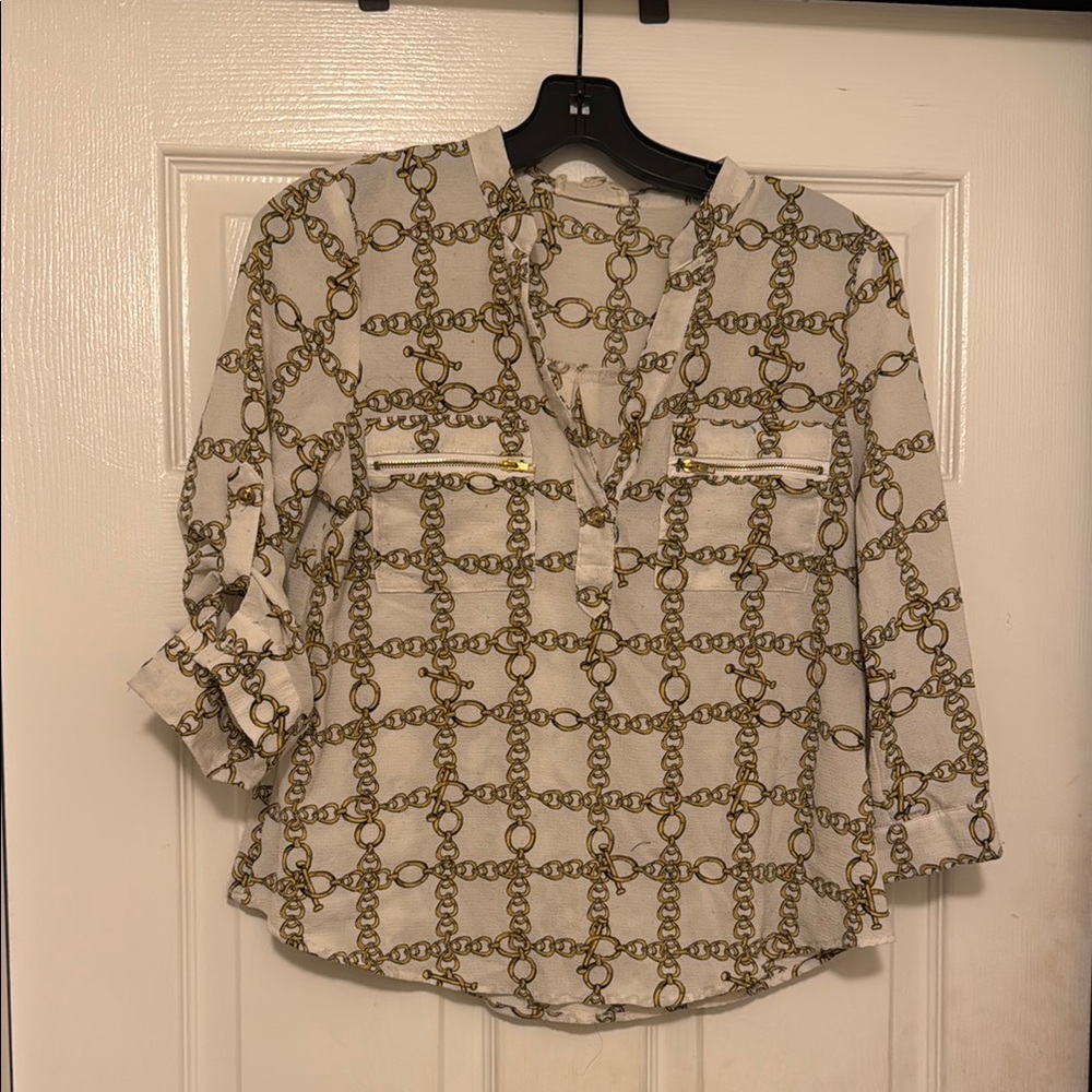 Cream Buttoned Blouse with Mandarin Collar